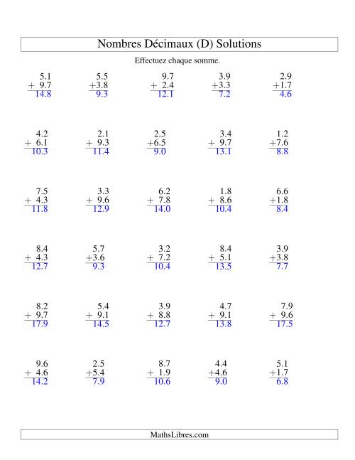Addition de nombres décimaux (1,1 à 1,9) (D) page 2