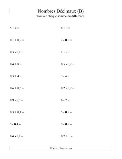 Addition et soustraction horizontale de nombres décimaux (1 décimale) (B)
