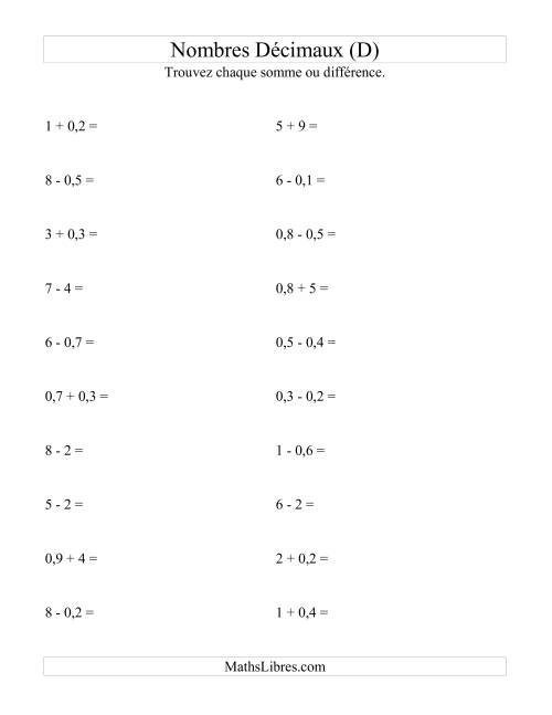 Addition et soustraction horizontale de nombres décimaux (1 décimale) (D)