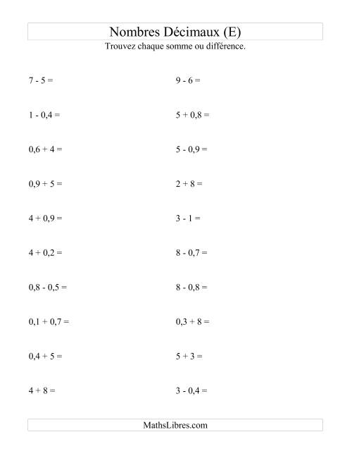 Addition et soustraction horizontale de nombres décimaux (1 décimale) (E)