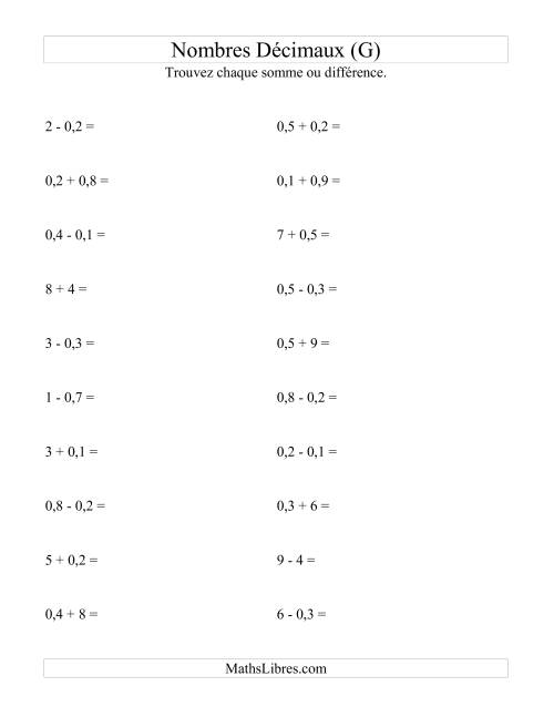 Addition et soustraction horizontale de nombres décimaux (1 décimale) (G)