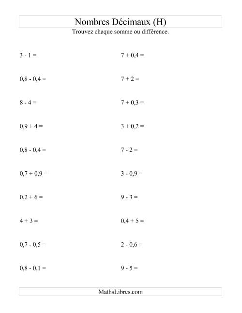 Addition et soustraction horizontale de nombres décimaux (1 décimale) (H)