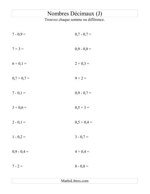 Addition et soustraction horizontale de nombres décimaux (1 décimale) (J)