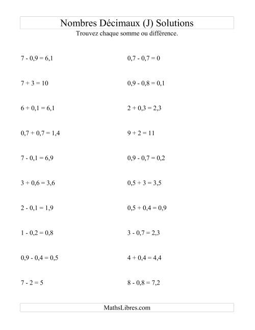 Addition et soustraction horizontale de nombres décimaux (1 décimale) (J) page 2