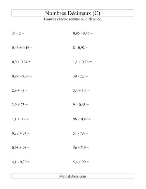 Addition et soustraction horizontale de nombres décimaux (2 décimales) (C)