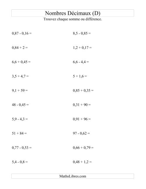 Addition et soustraction horizontale de nombres décimaux (2 décimales) (D)