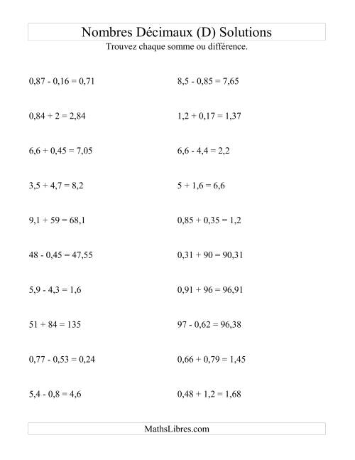 Addition et soustraction horizontale de nombres décimaux (2 décimales) (D) page 2