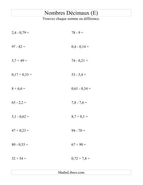Addition et soustraction horizontale de nombres décimaux (2 décimales) (E)