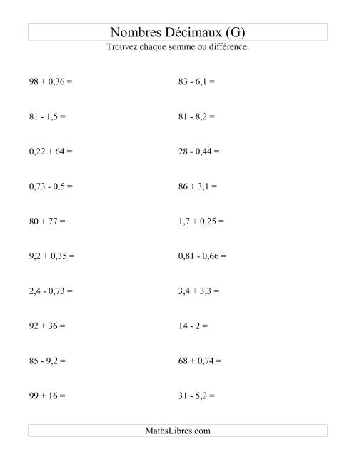 Addition et soustraction horizontale de nombres décimaux (2 décimales) (G)
