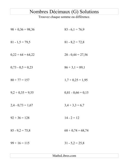 Addition et soustraction horizontale de nombres décimaux (2 décimales) (G) page 2