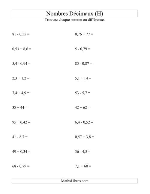 Addition et soustraction horizontale de nombres décimaux (2 décimales) (H)