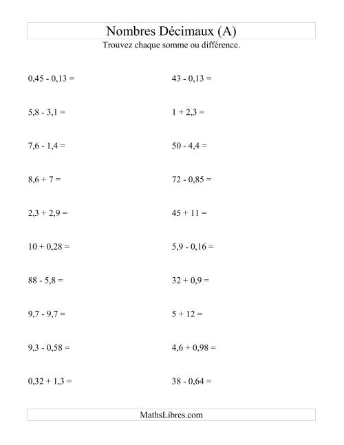 Addition et soustraction horizontale de nombres décimaux (2 décimales) (Tout)