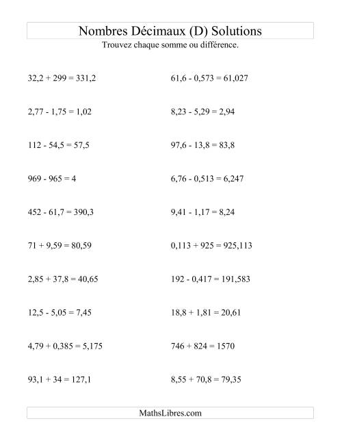 Addition et soustraction horizontale de nombres décimaux (3 décimales) (D) page 2