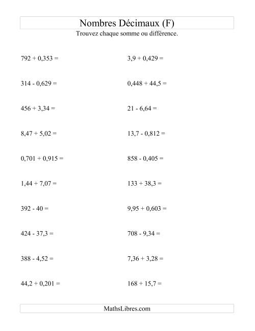 Addition et soustraction horizontale de nombres décimaux (3 décimales) (F)