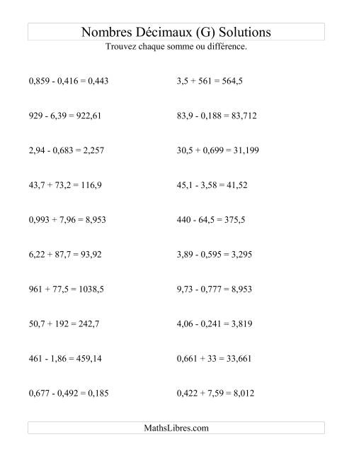 Addition et soustraction horizontale de nombres décimaux (3 décimales) (G) page 2