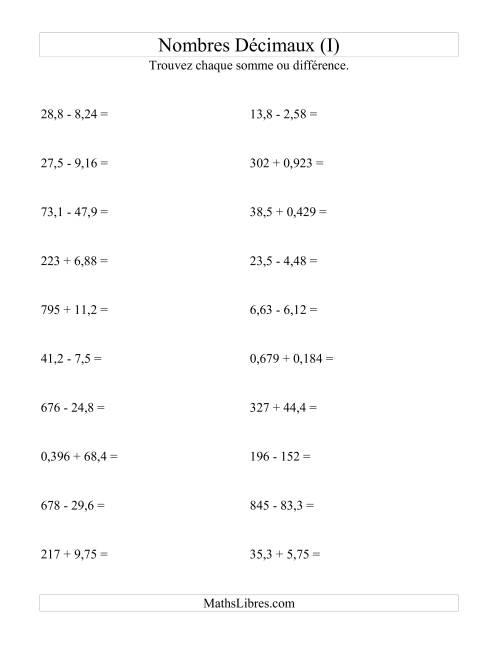 Addition et soustraction horizontale de nombres décimaux (3 décimales) (I)