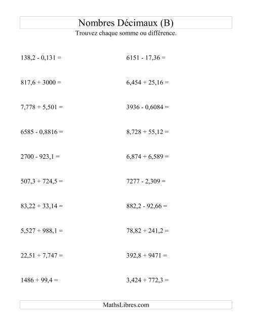 Addition et soustraction horizontale de nombres décimaux (4 décimales) (B)