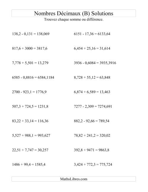 Addition et soustraction horizontale de nombres décimaux (4 décimales) (B) page 2