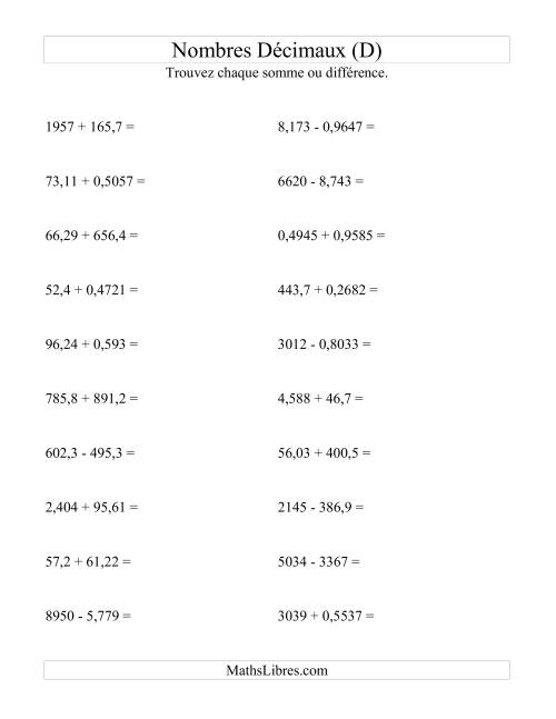 Addition et soustraction horizontale de nombres décimaux (4 décimales) (D)