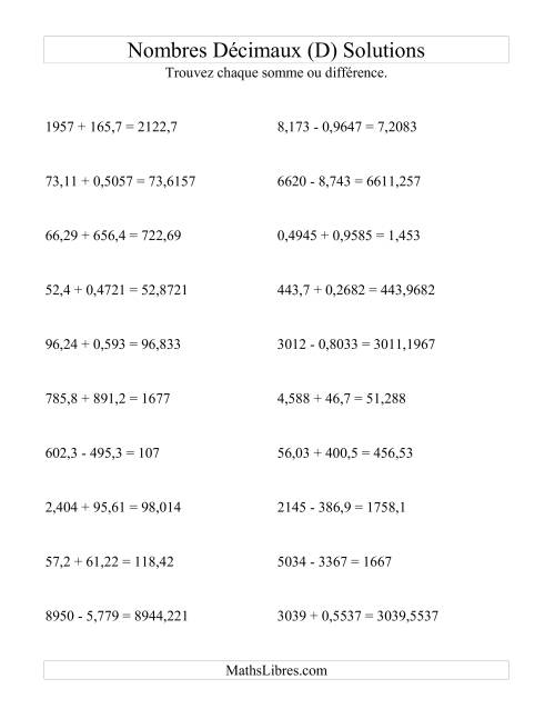 Addition et soustraction horizontale de nombres décimaux (4 décimales) (D) page 2