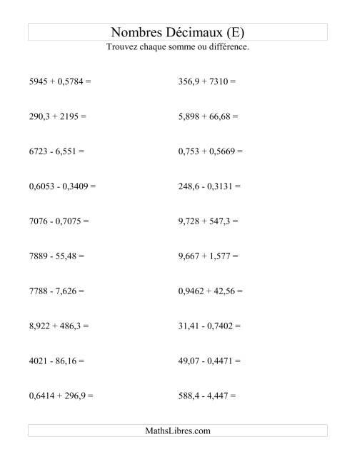 Addition et soustraction horizontale de nombres décimaux (4 décimales) (E)