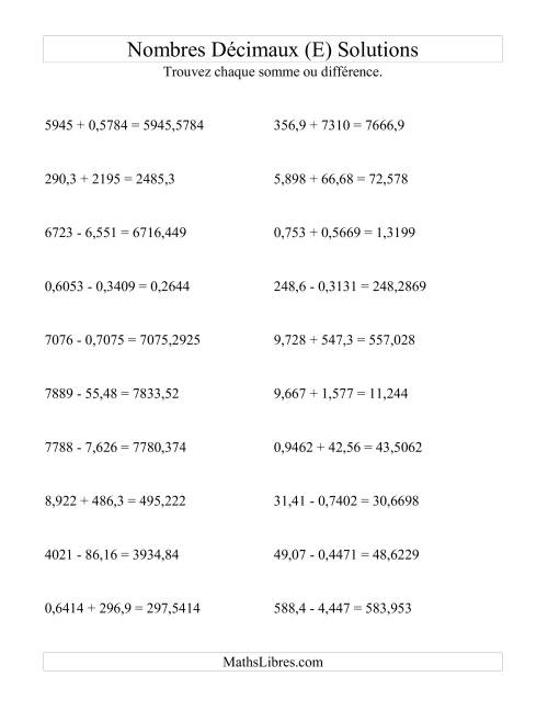Addition et soustraction horizontale de nombres décimaux (4 décimales) (E) page 2