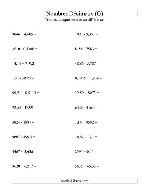 Addition et soustraction horizontale de nombres décimaux (4 décimales) (G)