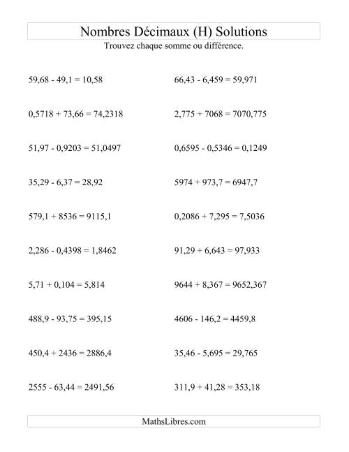 Addition et soustraction horizontale de nombres décimaux (4 décimales) (H) page 2