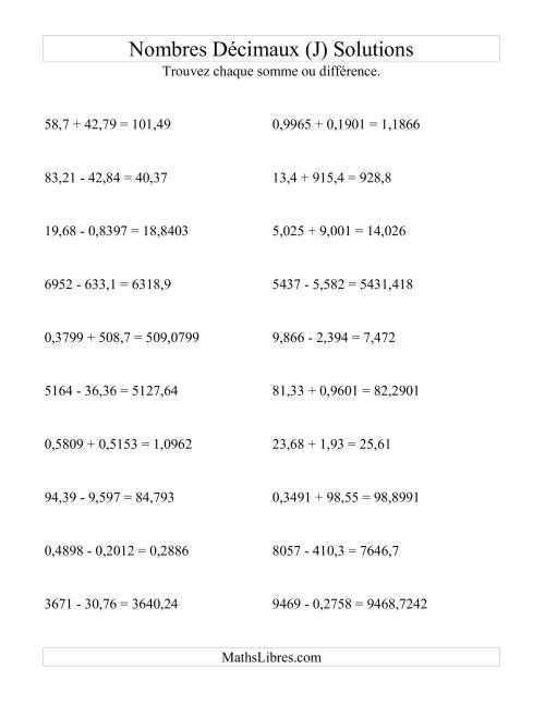 Addition et soustraction horizontale de nombres décimaux (4 décimales) (J) page 2