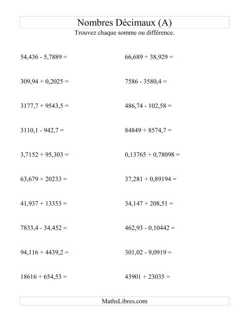 Addition et soustraction horizontale de nombres décimaux (5 décimales) (A)