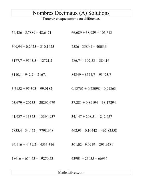 Addition et soustraction horizontale de nombres décimaux (5 décimales) (A) page 2