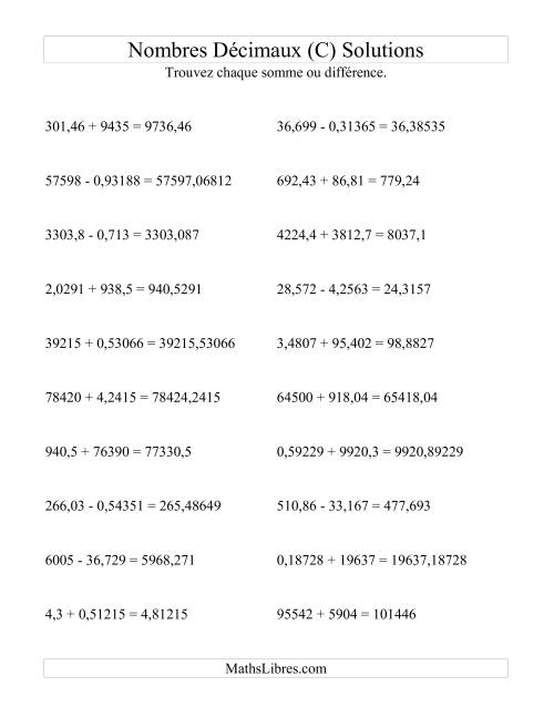 Addition et soustraction horizontale de nombres décimaux (5 décimales) (C) page 2