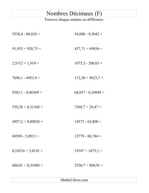 Addition et soustraction horizontale de nombres décimaux (5 décimales) (F)