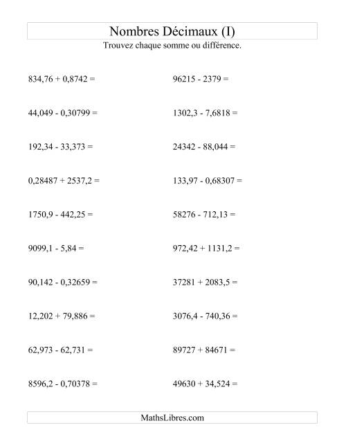 Addition et soustraction horizontale de nombres décimaux (5 décimales) (I)