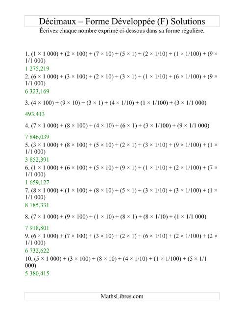 Écriture de nombres décimaux de la forme développée à la forme régulière (4 avant la virgule; 3 après) (F) page 2