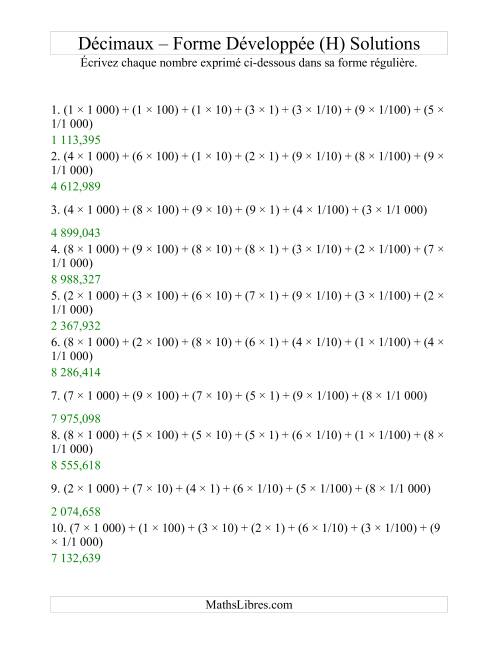 Écriture de nombres décimaux de la forme développée à la forme régulière (4 avant la virgule; 3 après) (H) page 2