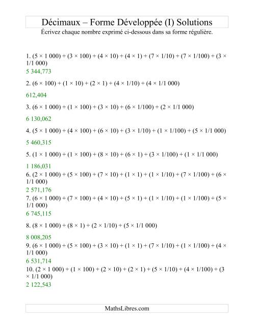 Écriture de nombres décimaux de la forme développée à la forme régulière (4 avant la virgule; 3 après) (I) page 2