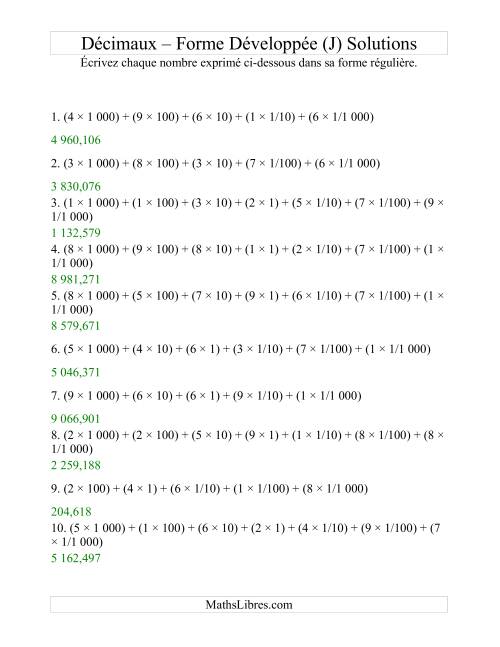 Écriture de nombres décimaux de la forme développée à la forme régulière (4 avant la virgule; 3 après) (J) page 2