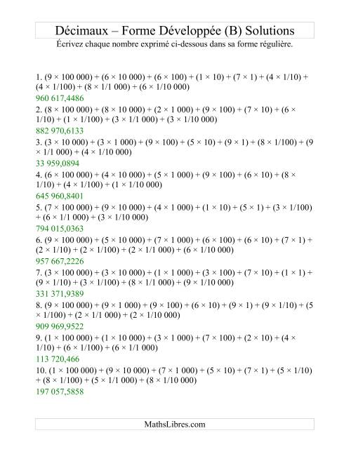 Écriture de nombres décimaux de la forme développée à la forme régulière (6 avant la virgule; 4 après) (B) page 2