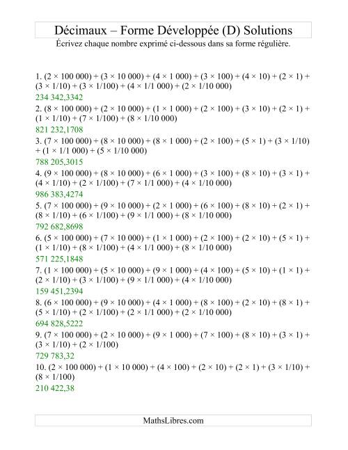 Écriture de nombres décimaux de la forme développée à la forme régulière (6 avant la virgule; 4 après) (D) page 2