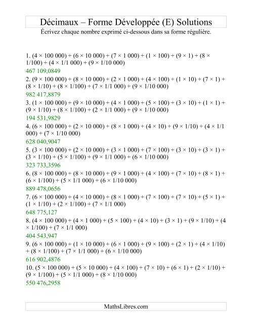 Écriture de nombres décimaux de la forme développée à la forme régulière (6 avant la virgule; 4 après) (E) page 2