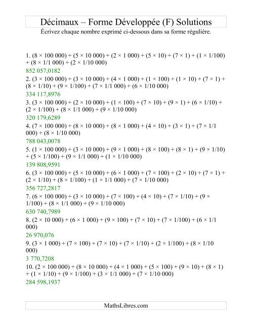 Écriture de nombres décimaux de la forme développée à la forme régulière (6 avant la virgule; 4 après) (F) page 2
