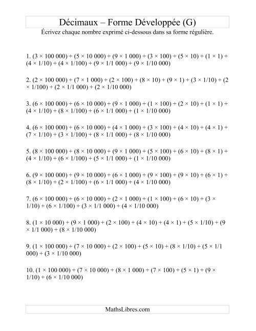 Écriture de nombres décimaux de la forme développée à la forme régulière (6 avant la virgule; 4 après) (G)