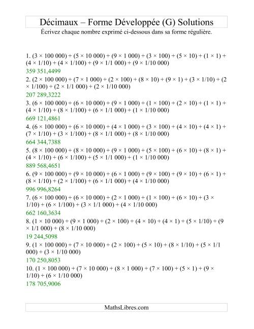 Écriture de nombres décimaux de la forme développée à la forme régulière (6 avant la virgule; 4 après) (G) page 2