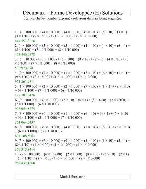 Écriture de nombres décimaux de la forme développée à la forme régulière (6 avant la virgule; 4 après) (H) page 2