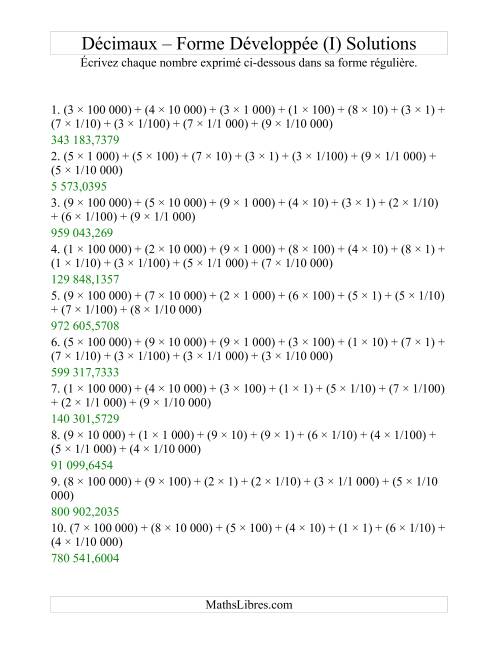 Écriture de nombres décimaux de la forme développée à la forme régulière (6 avant la virgule; 4 après) (I) page 2