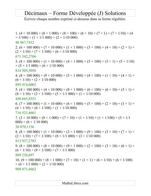 Écriture de nombres décimaux de la forme développée à la forme régulière (6 avant la virgule; 4 après) (J) page 2