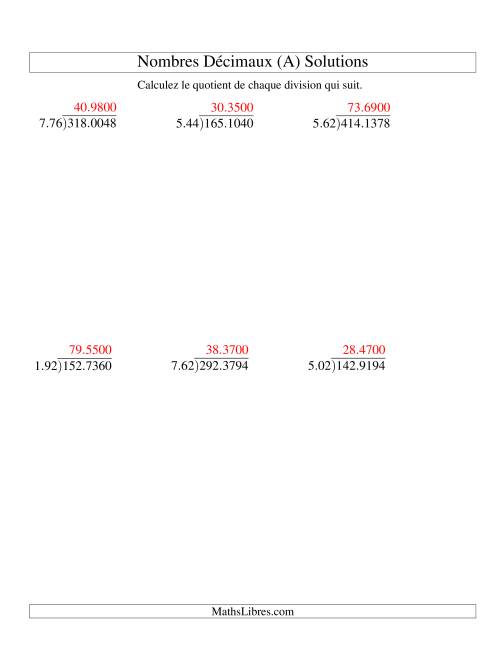 Division de nombres décimaux (10,01 à 10,99) -- Facile (A) page 2