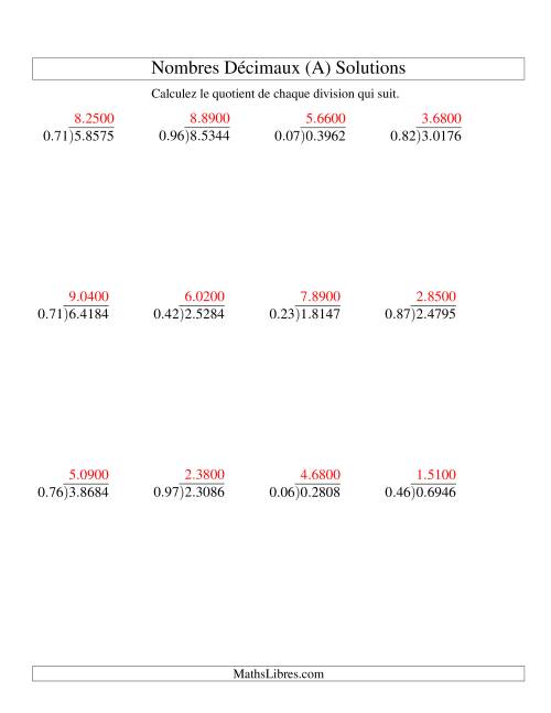Division de nombres décimaux (1,01 à 1,99) -- Facile (Tout) page 2