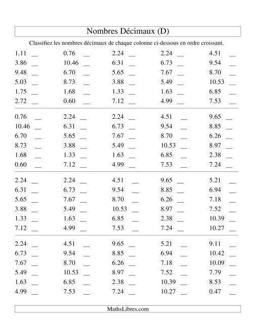 Classification en ordre de nombres décimaux -- Centièmes (D)